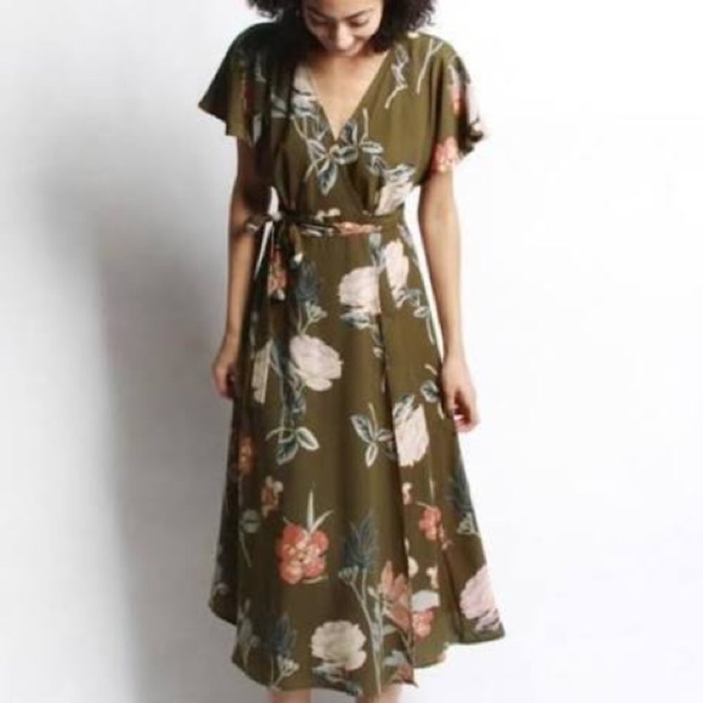 Olive Floral Midi Wrap Dress, size S